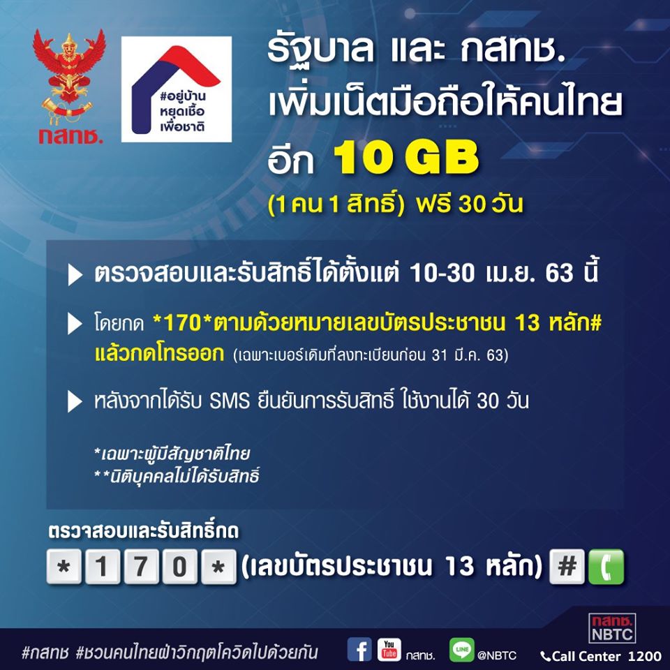 กสทช. เพิ่มเน็ตมือถือให้คนไทยอีก 10 GB (1 คน 1 สิทธิ์) ฟรี!! 30 วัน